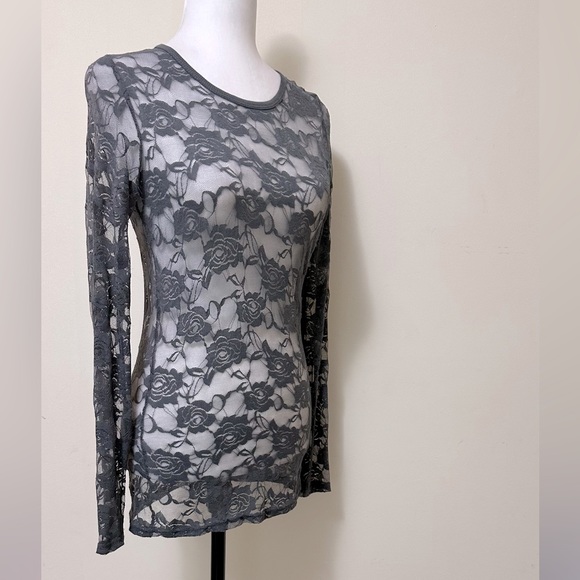 Color Story Sexy Sheer Gray Lace Roses Stretch Top Long Sleeves Pullover Top S/M - Picture 2 of 15
